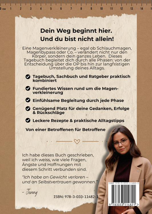 Rueckseite des Buches „Dein Sach- & Tagebuch zur Magenverkleinerung“ – ein persönlicher Begleiter für Menschen vor und nach einer bariatrischen Operation.